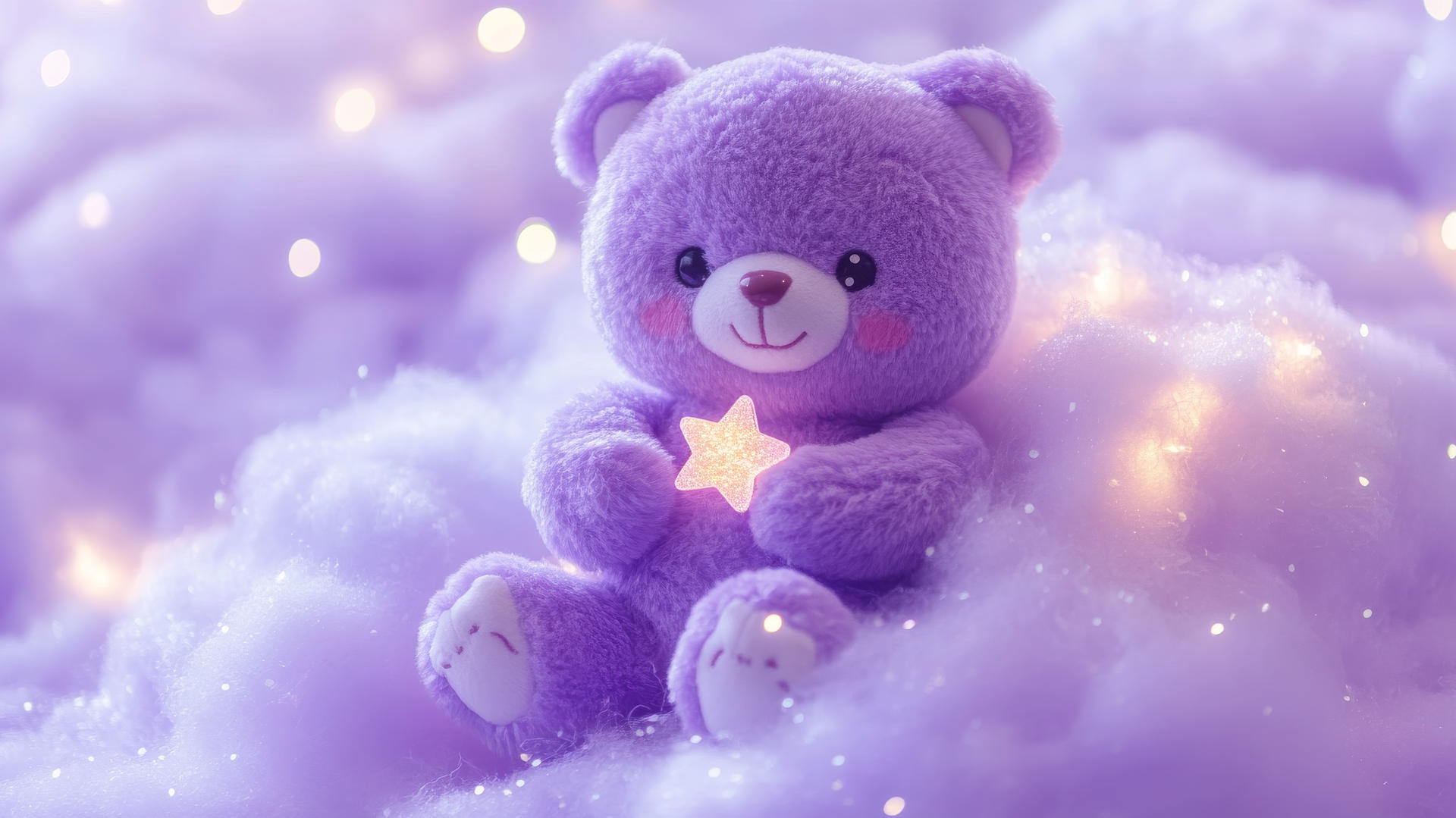 cute purple wallpaper with a kawaii bear holding a tiny star on a fluffy lavender cloud with twinkling lights and sparkles