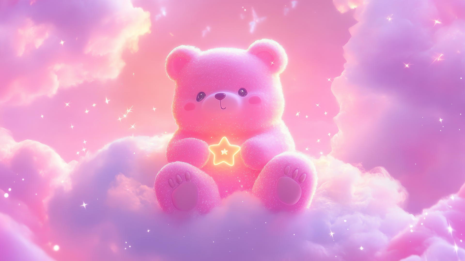 cute pink wallpaper with kawaii bear holding a star on a fluffy cloud