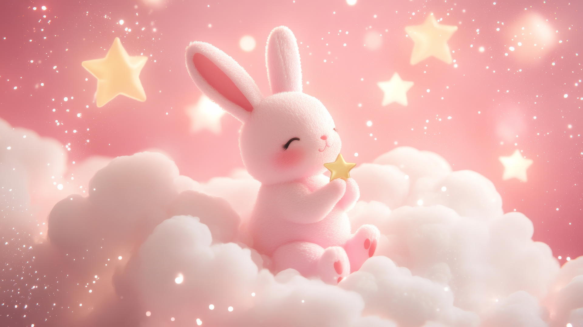 cute pink wallpaper with a kawaii bunny holding a tiny star on a fluffy pink cloud with sparkles and twinkling lights