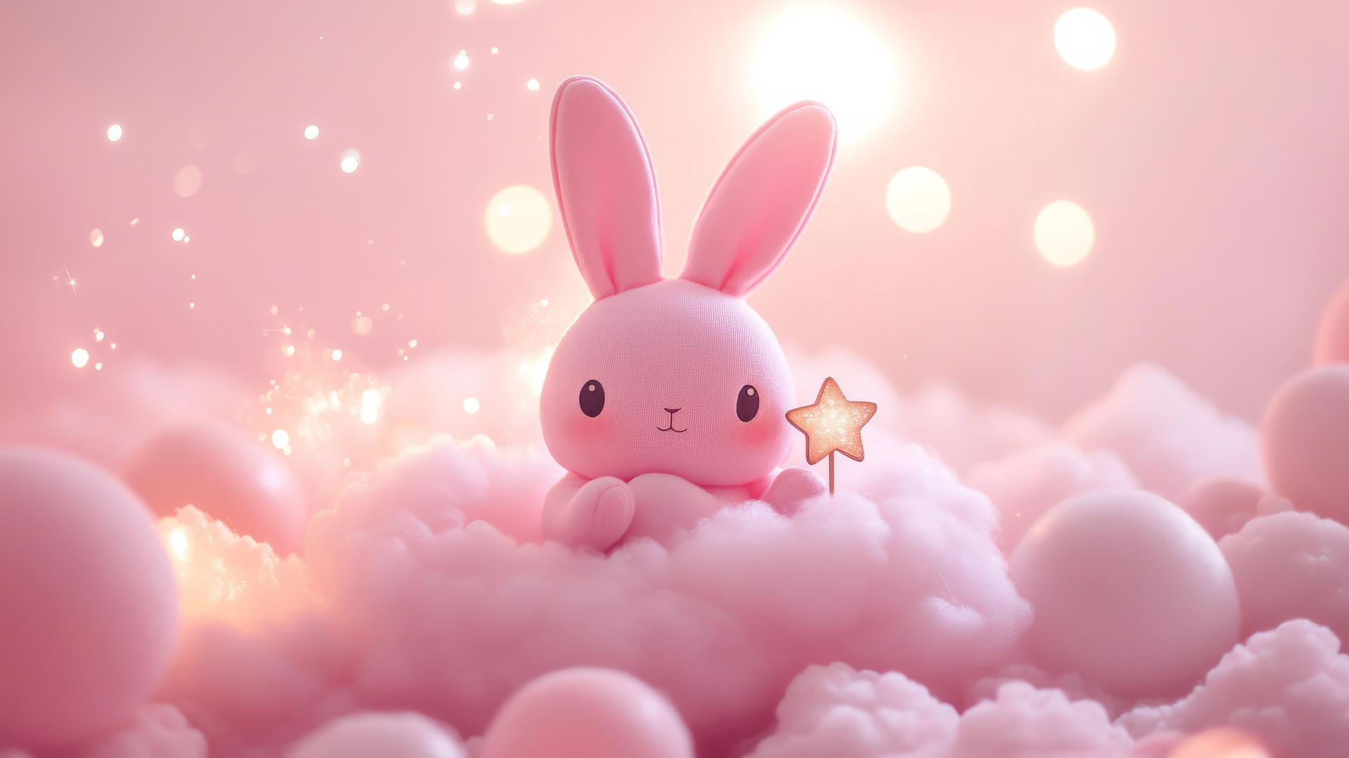 cute pink wallpaper with a kawaii bunny holding a tiny star on a fluffy cloud