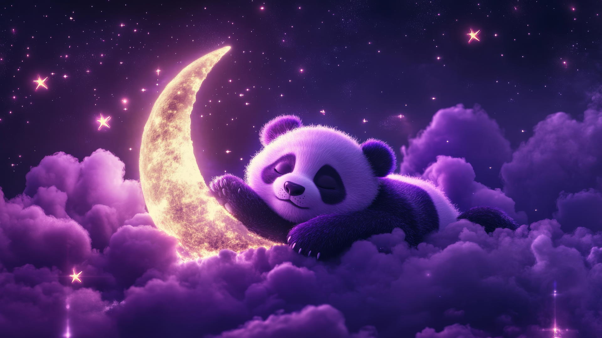 cute panda wallpaper 4k with sleepy purple panda on crescent moon and stars