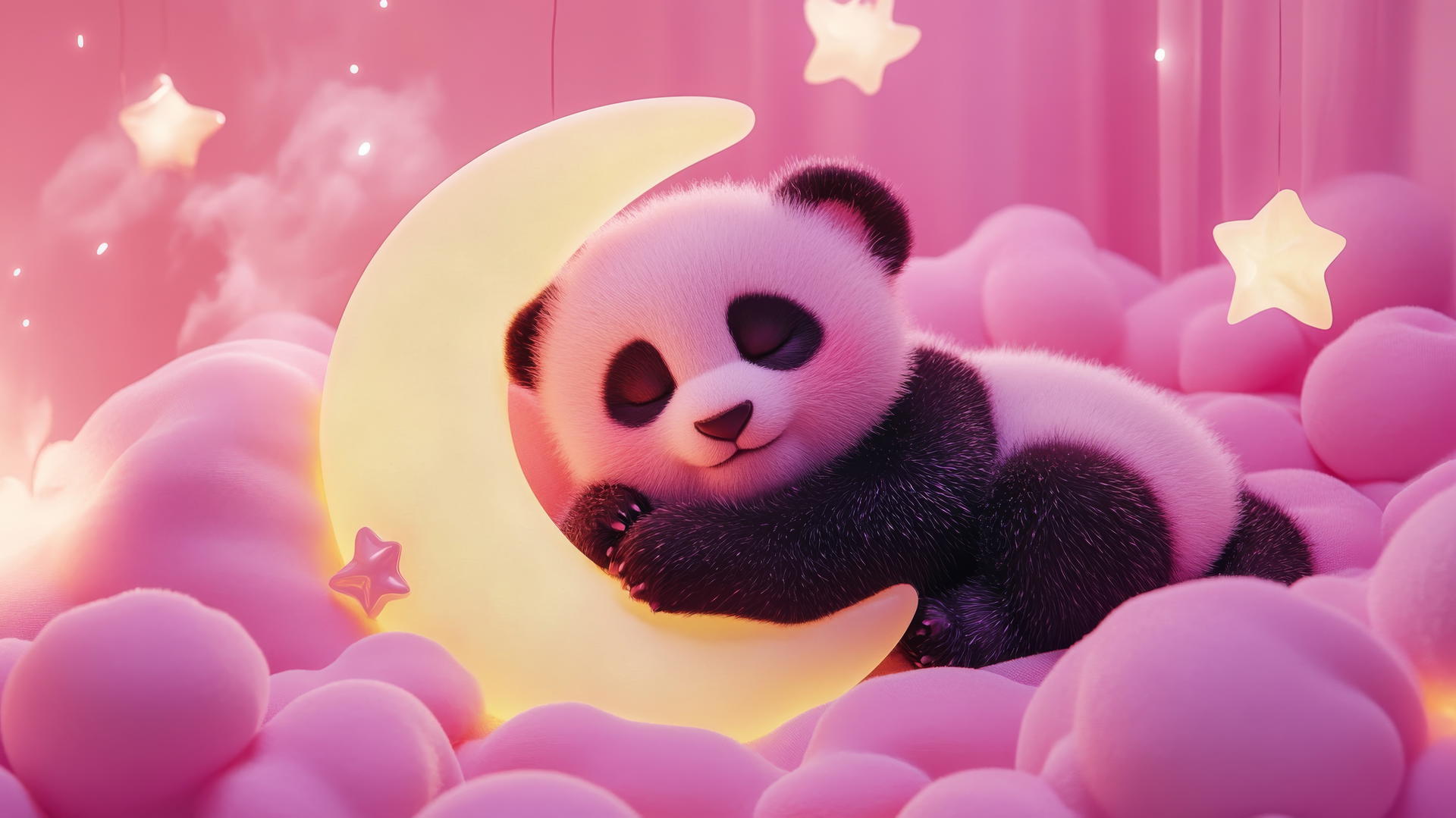 cute panda wallpaper 4k featuring sleepy pink panda on a crescent moon with glowing stars and pastel clouds
