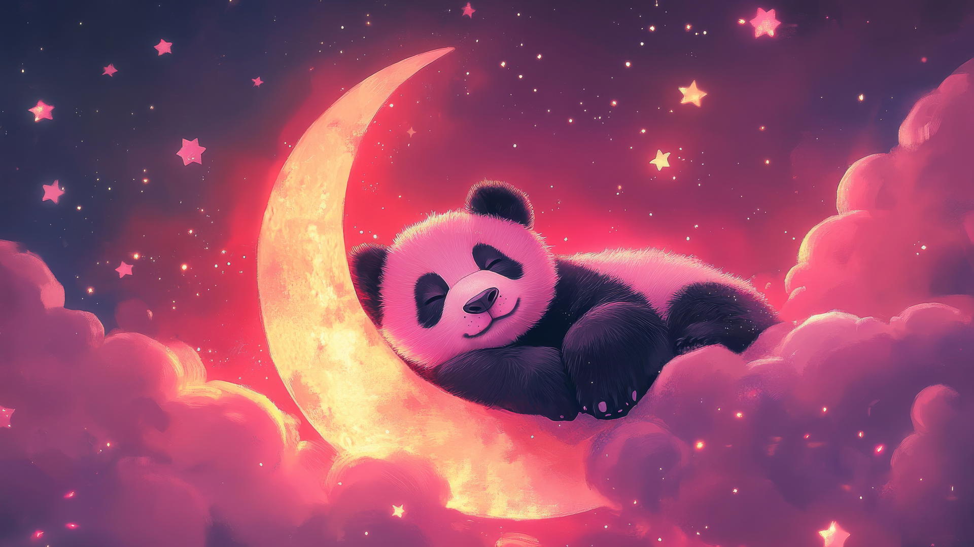 cute panda wallpaper 4k with a sleepy pink panda resting on a crescent moon