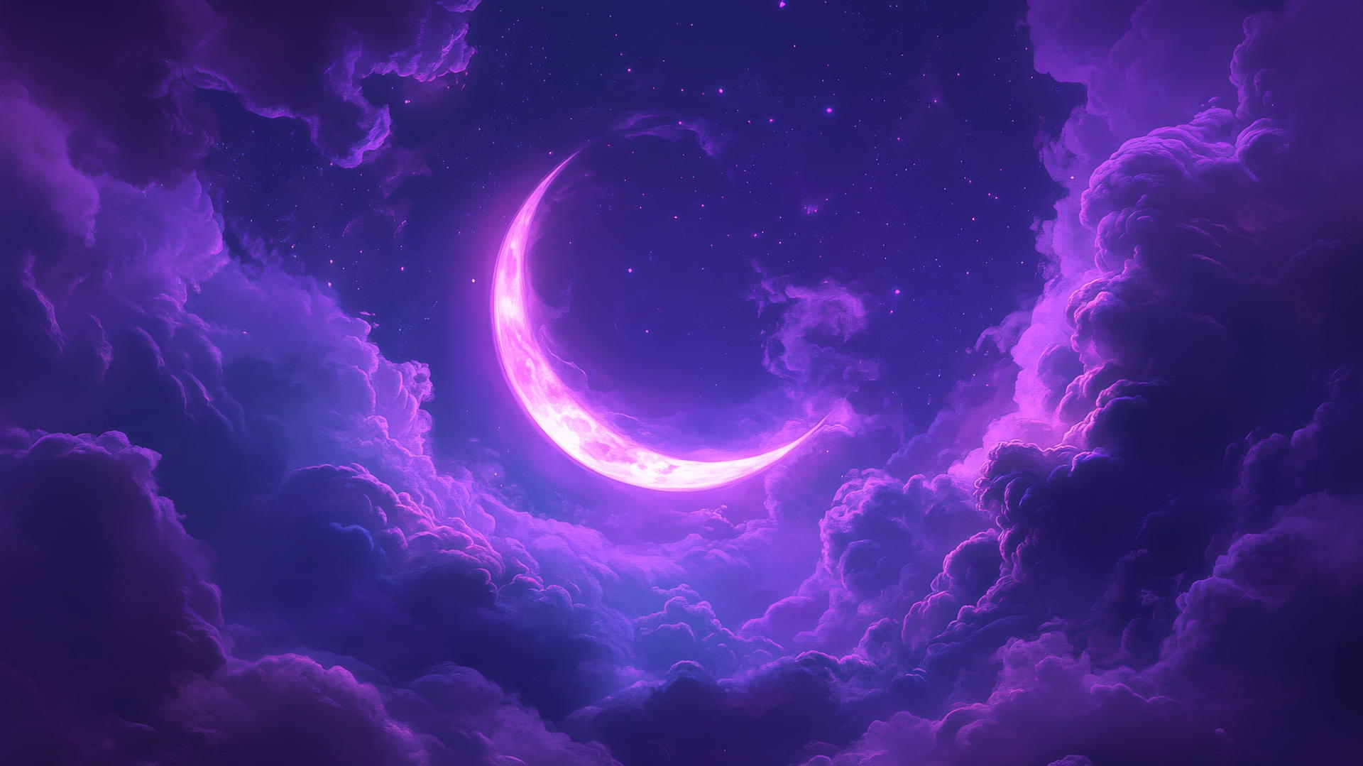 Mystical neon purple aesthetic wallpaper with glowing crescent moon and stars, swirling clouds, and light trails.