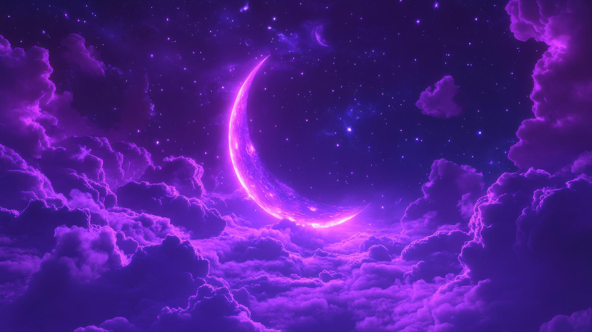 neon purple aesthetic wallpaper with glowing crescent moon, stars, swirling clouds, and abstract light trails