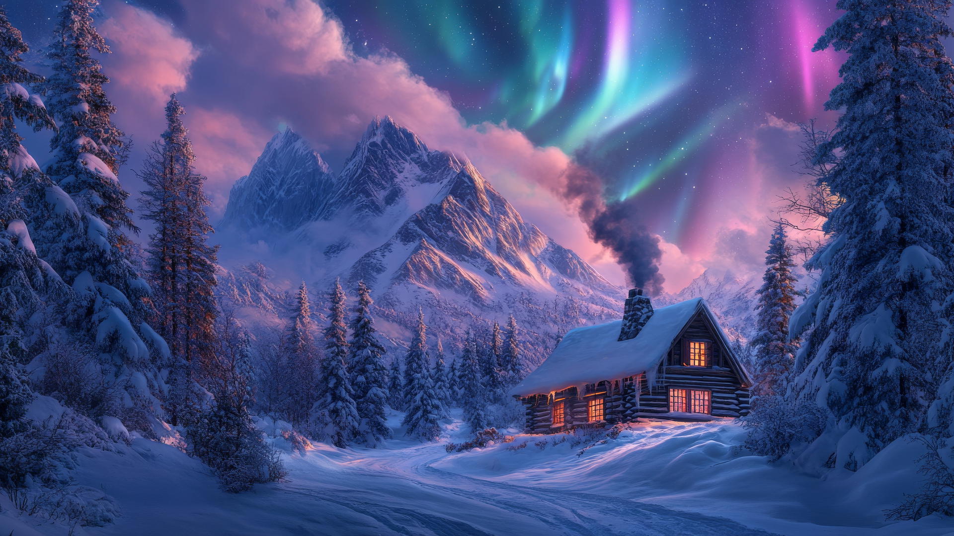 snow-covered mountain cabin with chimney smoke, northern lights in sky, winter background wallpaper