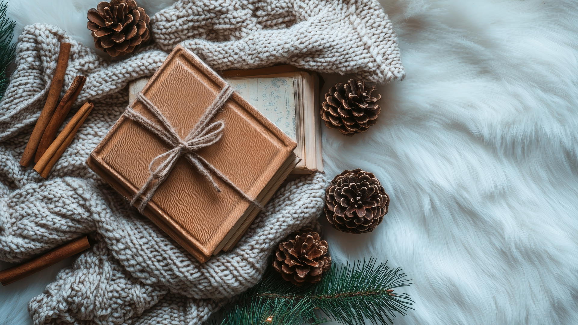 Elegant winter aesthetic wallpaper featuring vintage books, scarves, and pinecones