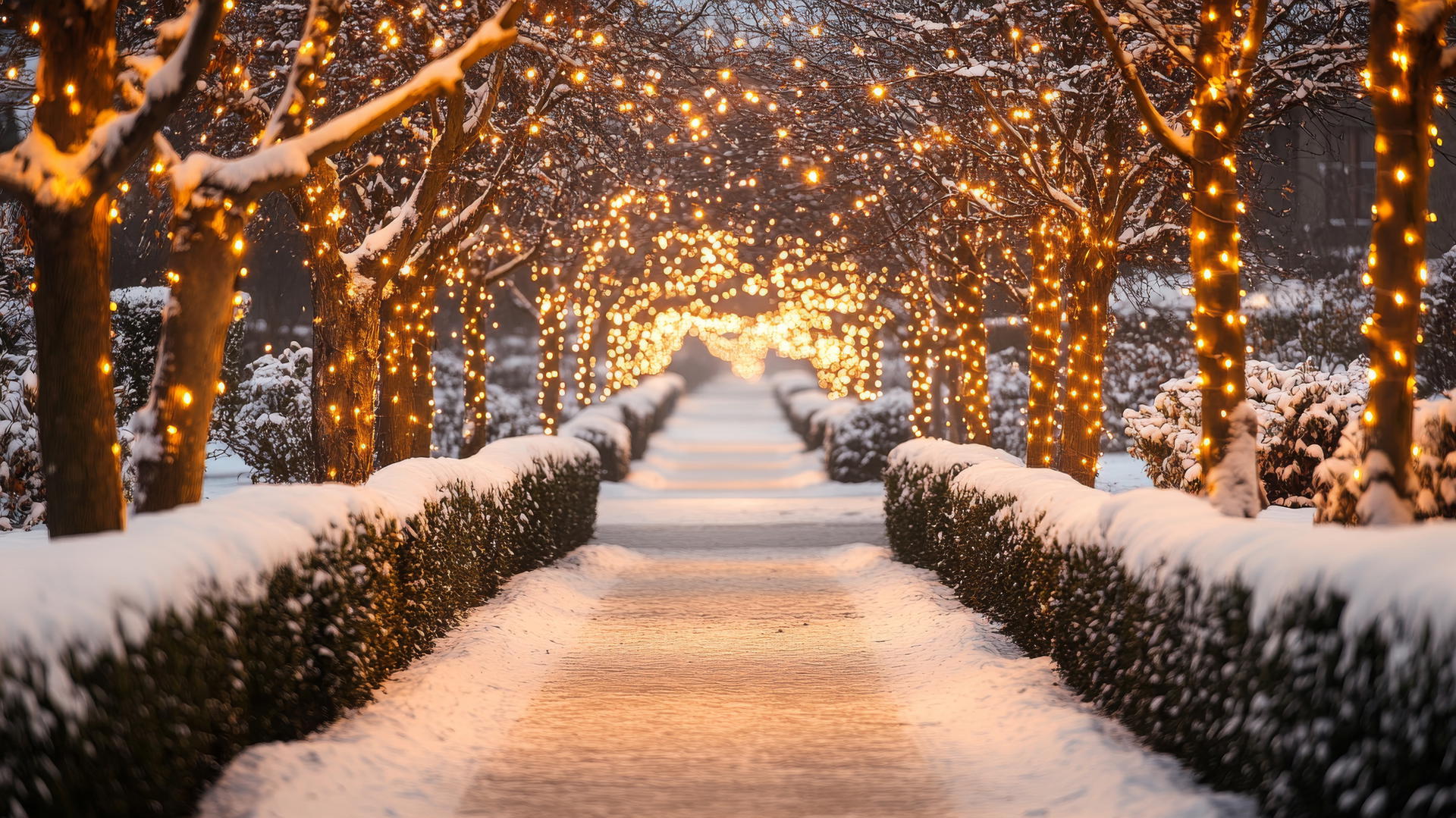 winter wallpaper aesthetic with snow-dusted winter garden path lined with hedges and trees, golden lights twinkling