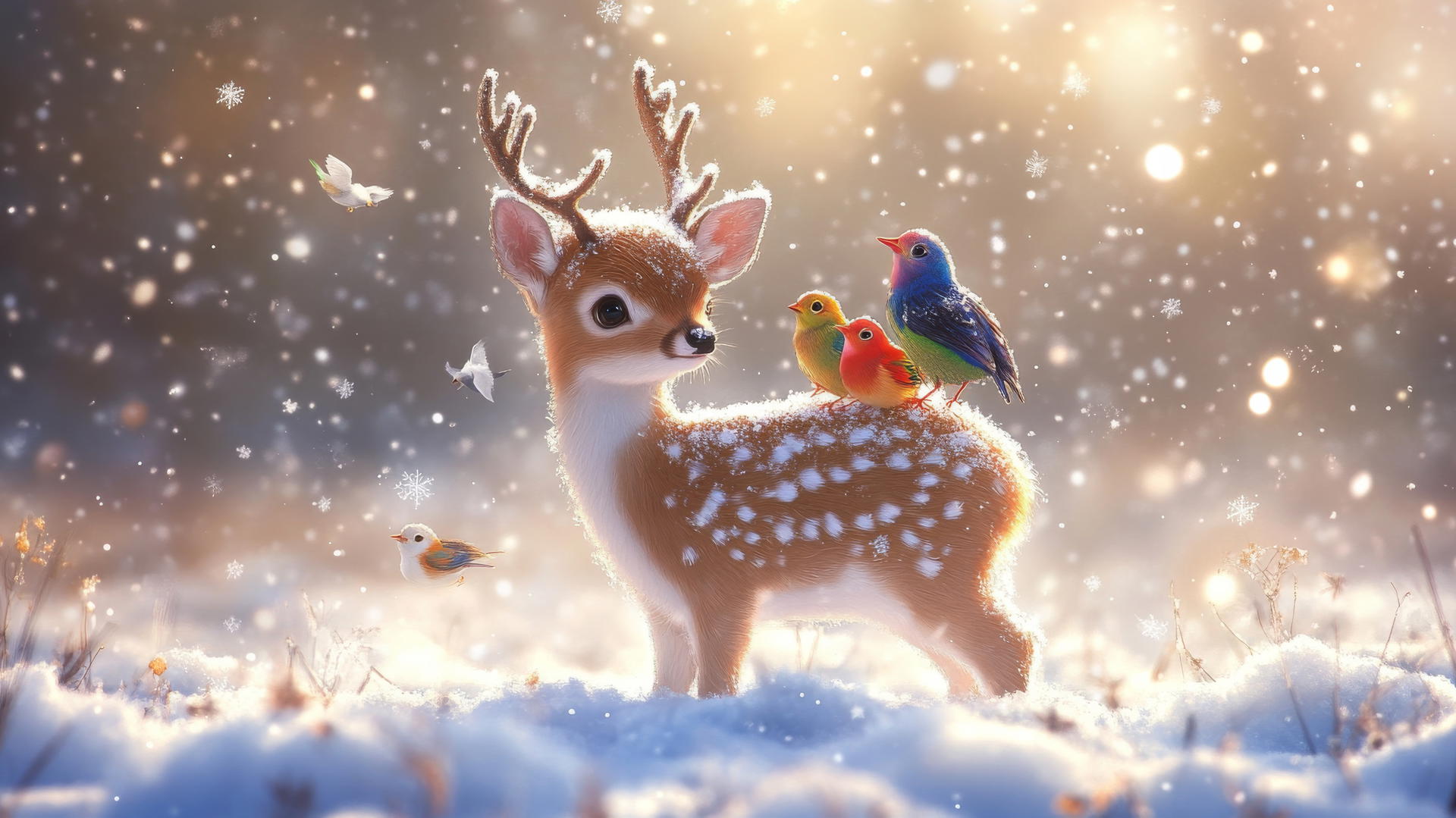 cute winter wallpaper with a baby deer and colorful birds.