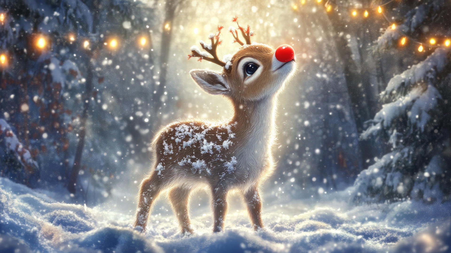 Cute winter wallpaper: reindeer calf with bright red nose in snowy forest with twinkling lights