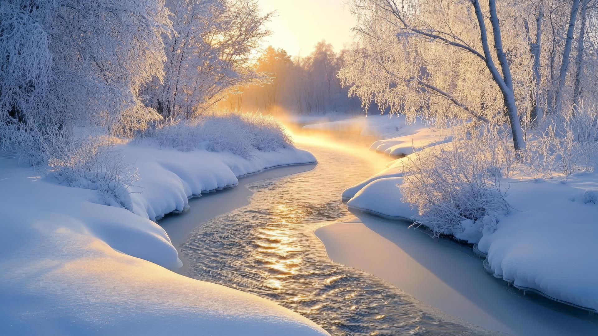 winter wonderland wallpaper with serene snow-covered meadow, crystal-clear river, and frosted trees under golden winter sun