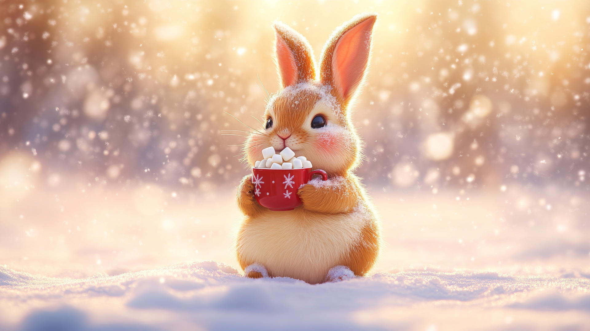chubby bunny holding hot cocoa in snow, cute winter wallpaper