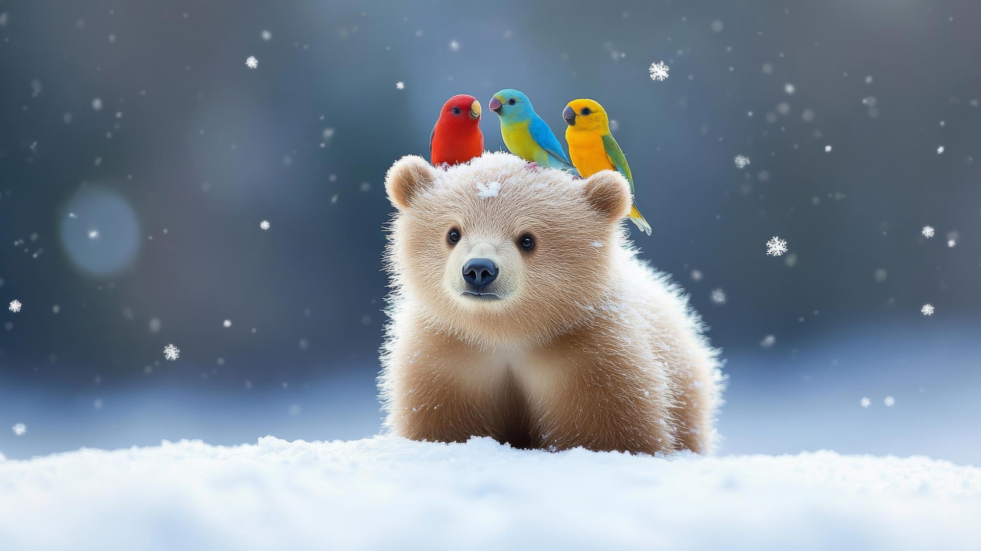 cute winter wallpaper with a baby bear, colorful birds, and snowflakes