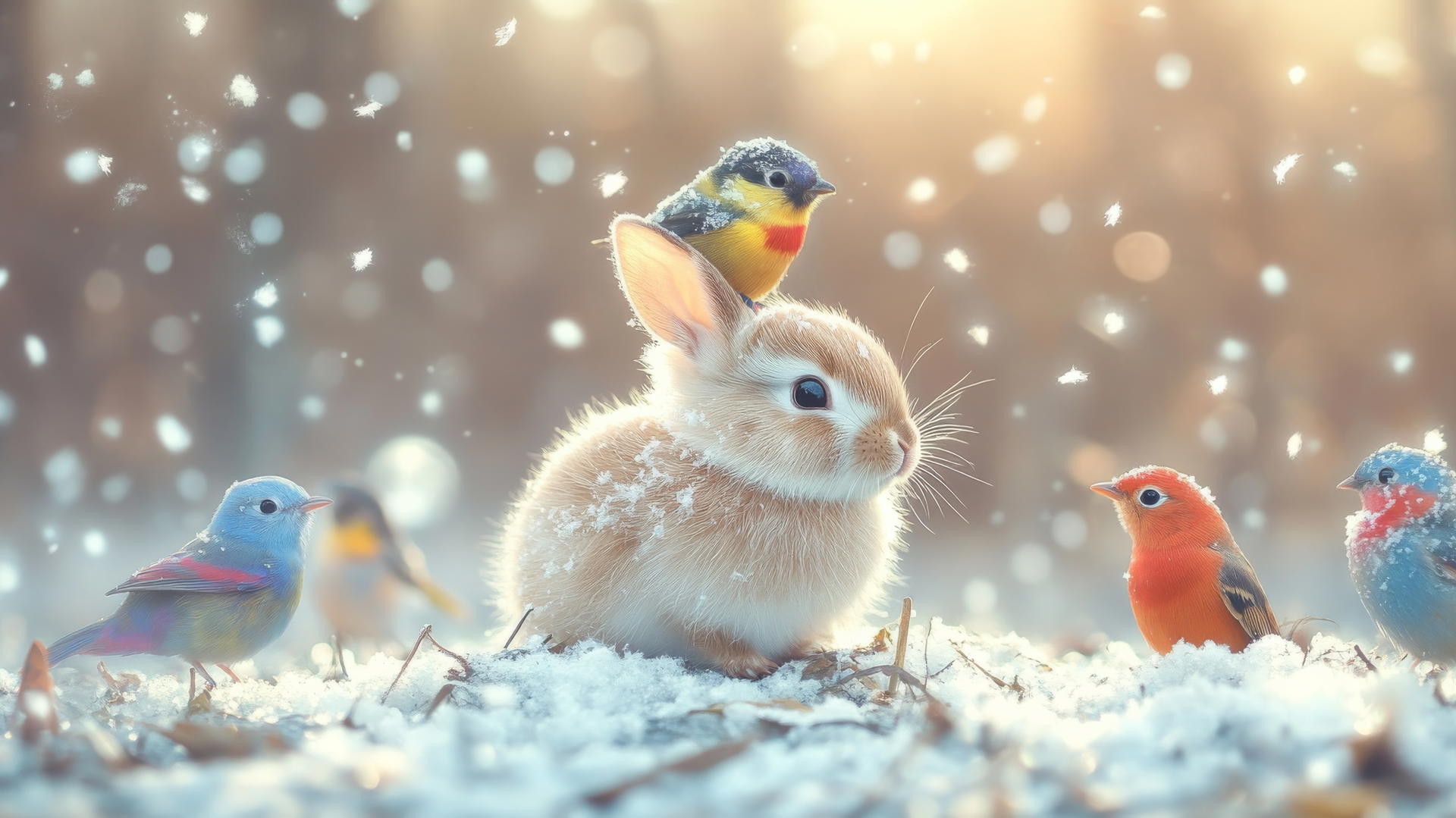 cute winter wallpaper with baby bunny, colorful birds, and falling snowflakes