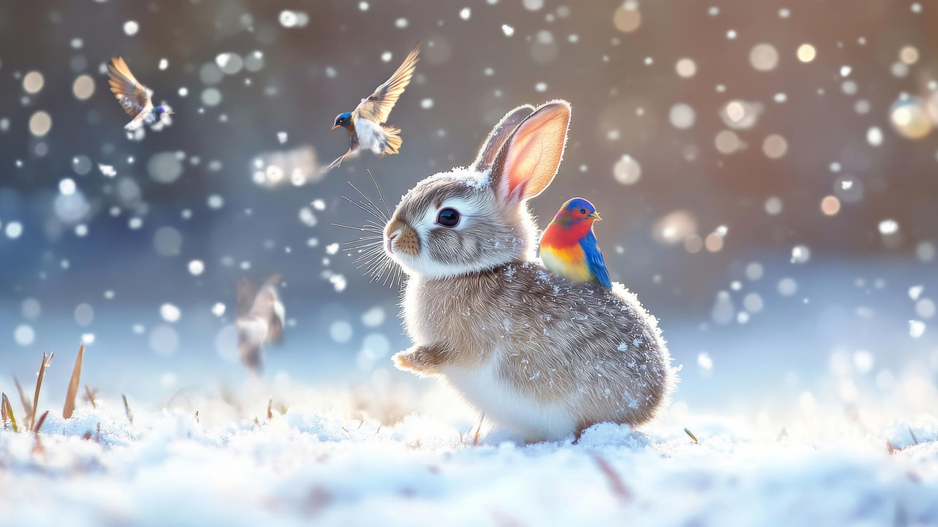 cute winter wallpaper with a baby bunny in a snowy field and birds on its back