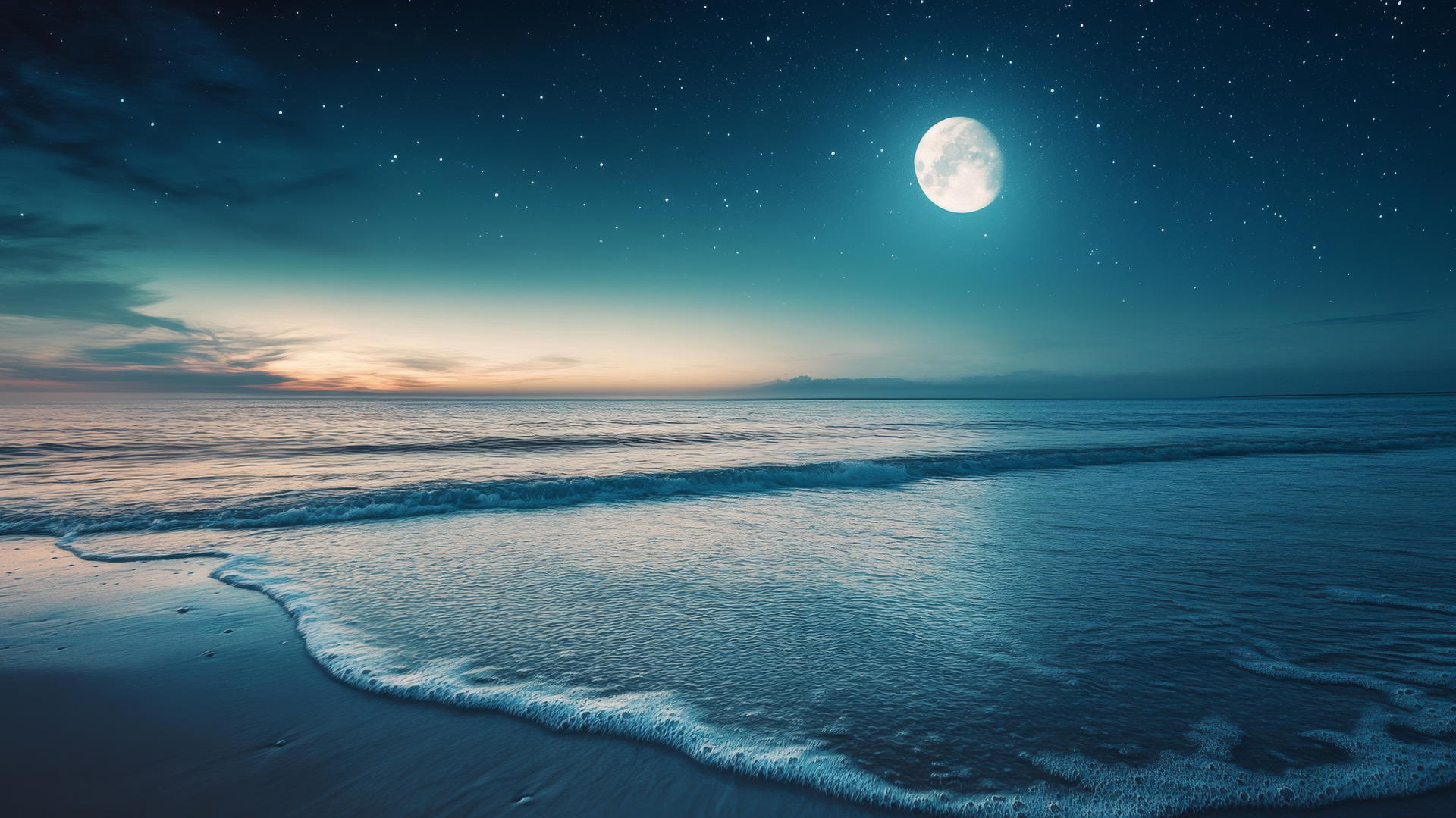 A calm, aesthetic beach at night under a star-filled sky