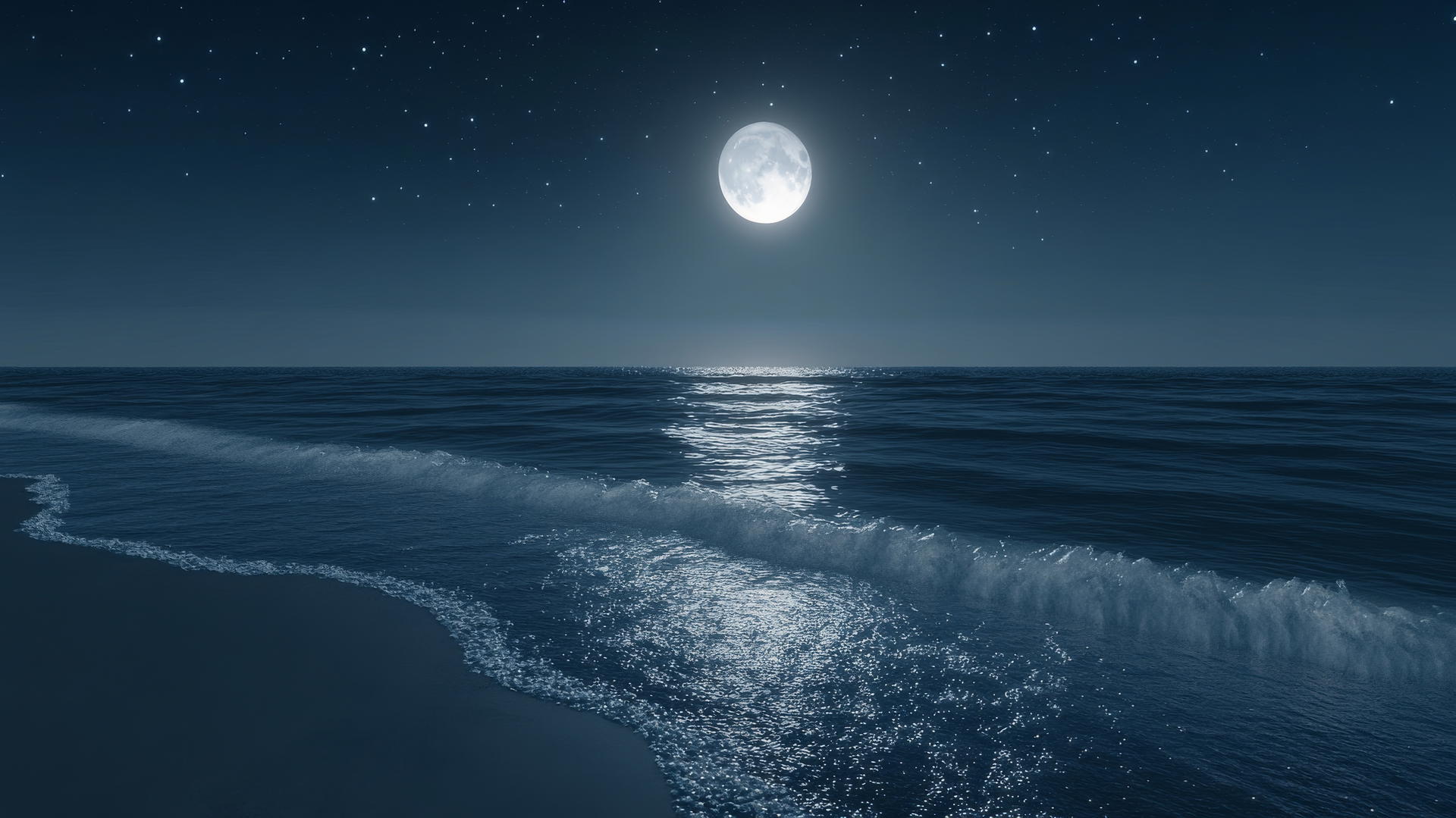 nighttime beach background wallpaper with full moon reflecting on the ocean