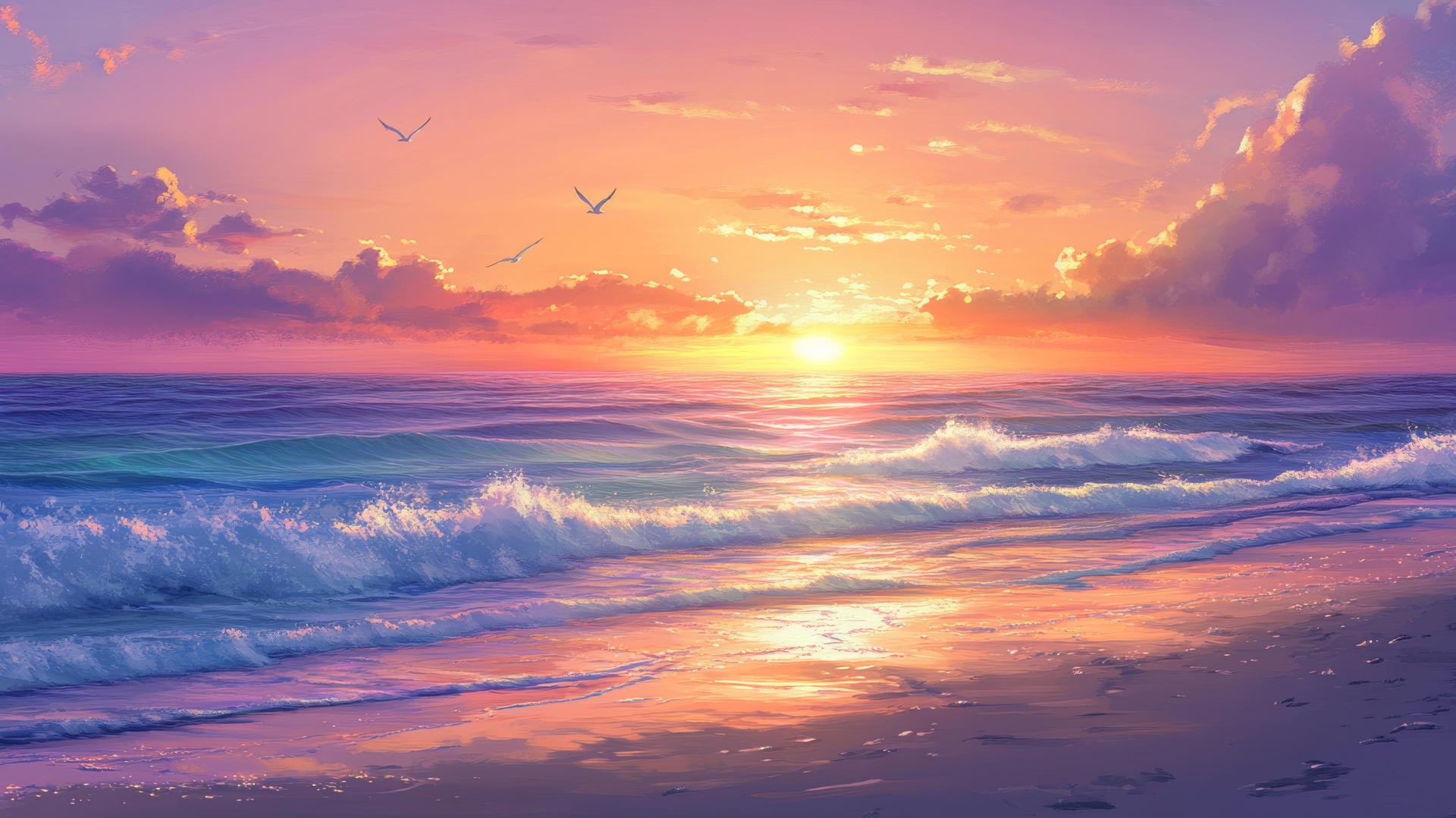 Beach sunset wallpaper with colorful sky, distant seagulls, and sparkling waves.