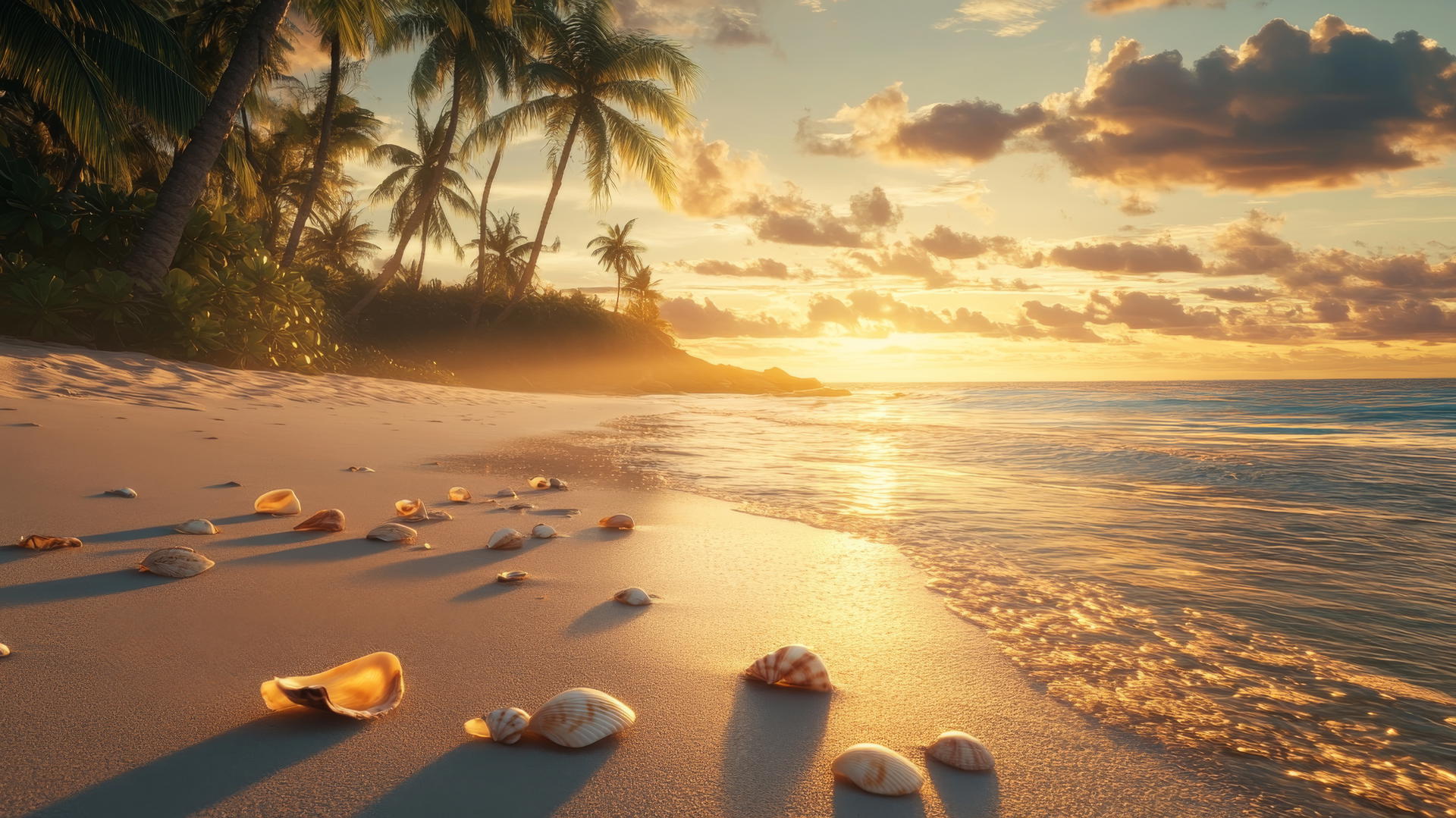 tropical beach wallpaper at sunrise with golden light, palm trees, seashells