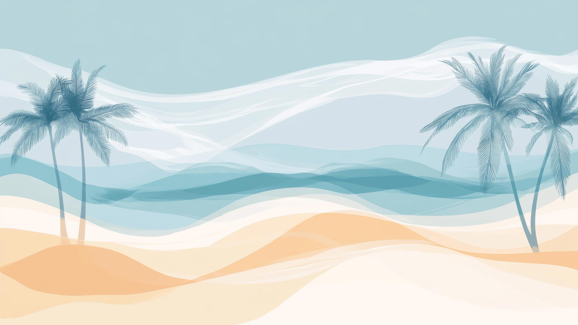 beach themed wallpaper with minimalist design, soft colors, stylized palm trees, and abstract ocean waves