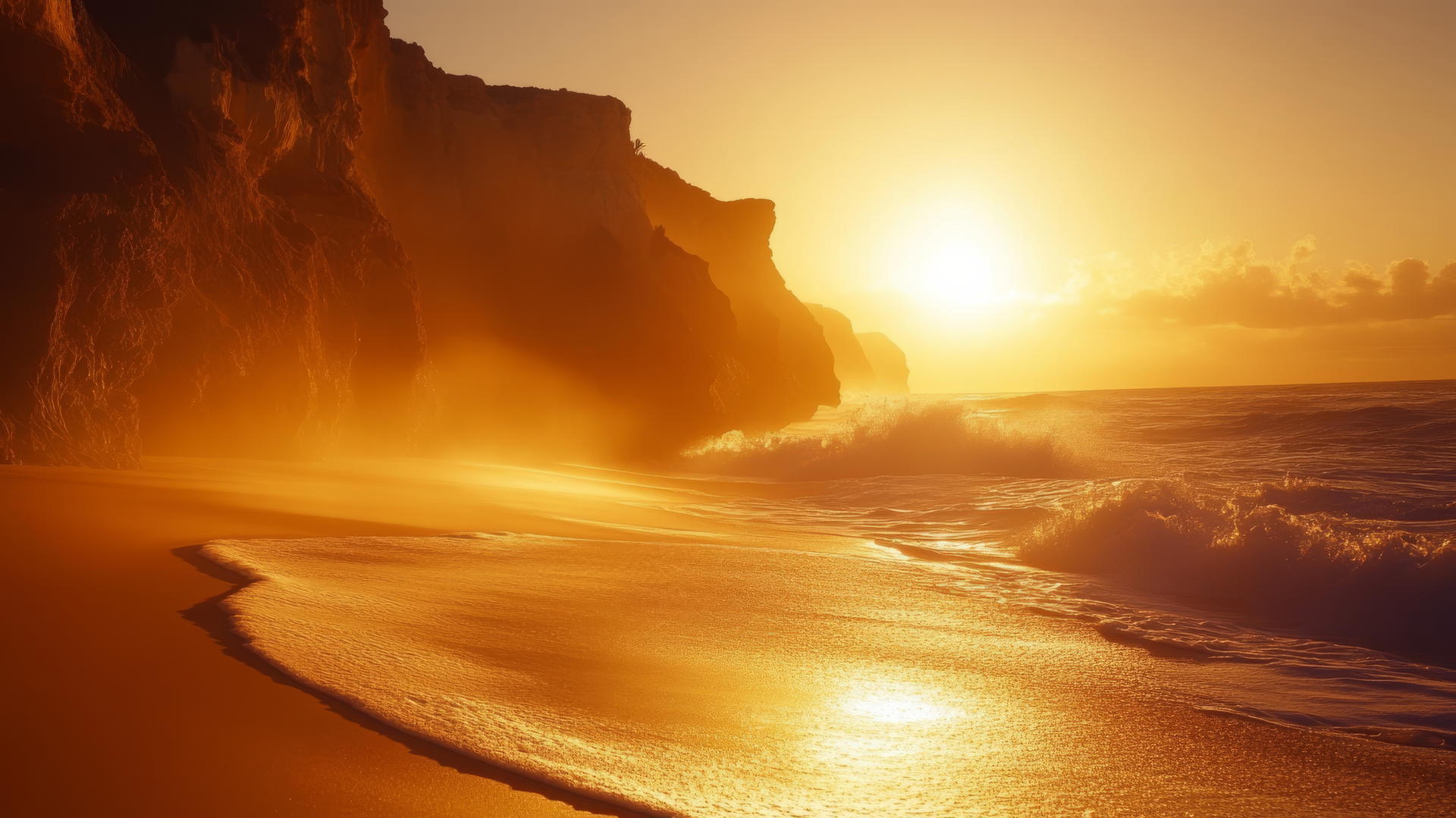 golden sunset over rocky beach with cliffs and crashing waves, long shadows on sand