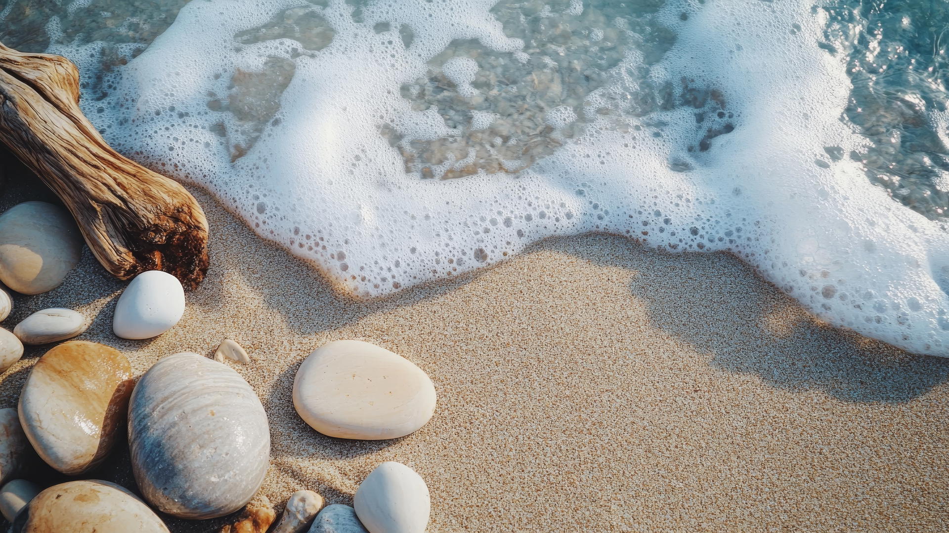 boho beach wallpaper aesthetic with natural textures, driftwood, stones, seafoam