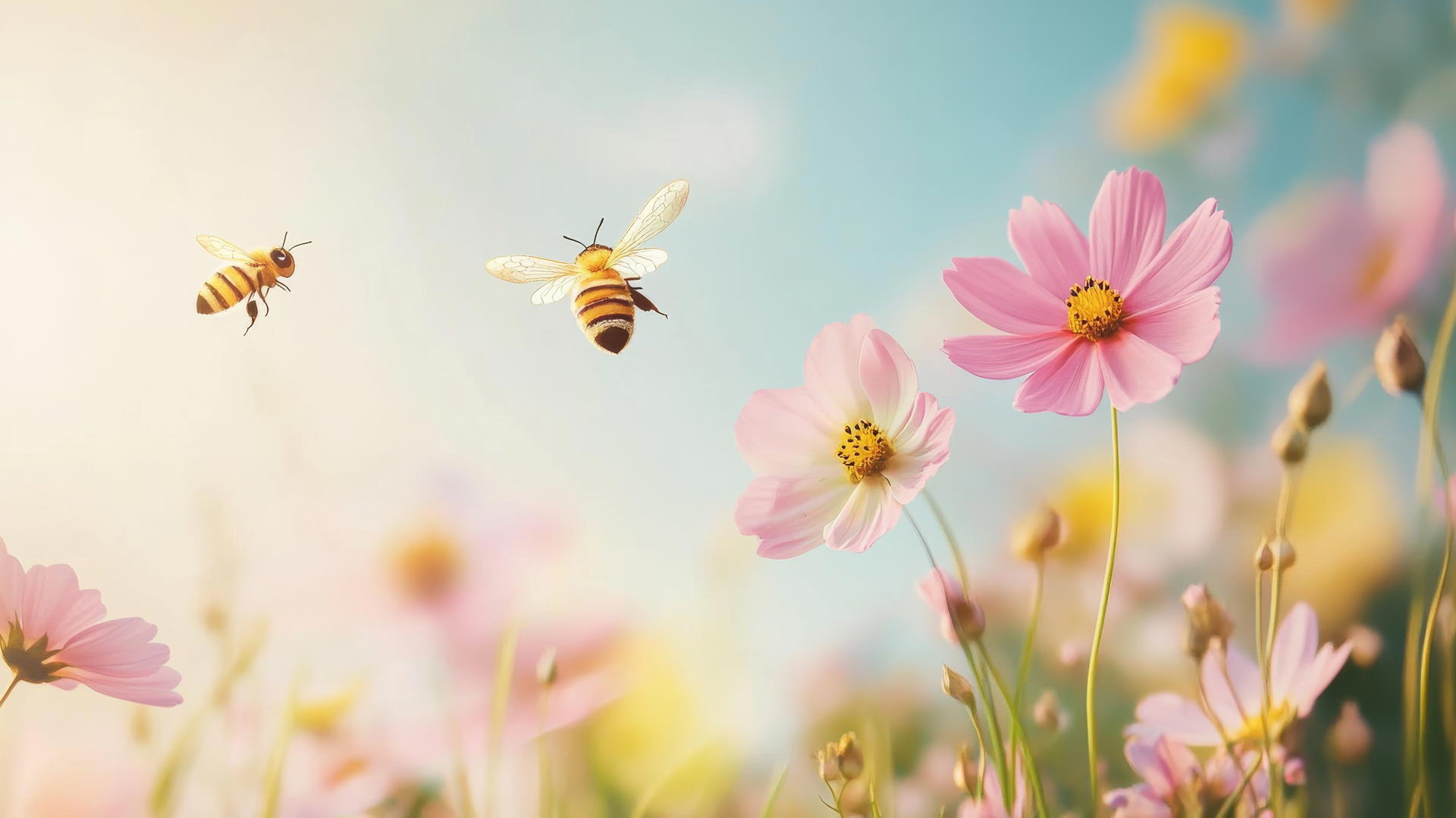 cute spring wallpaper with pastel-colored flowers, bees, and butterflies