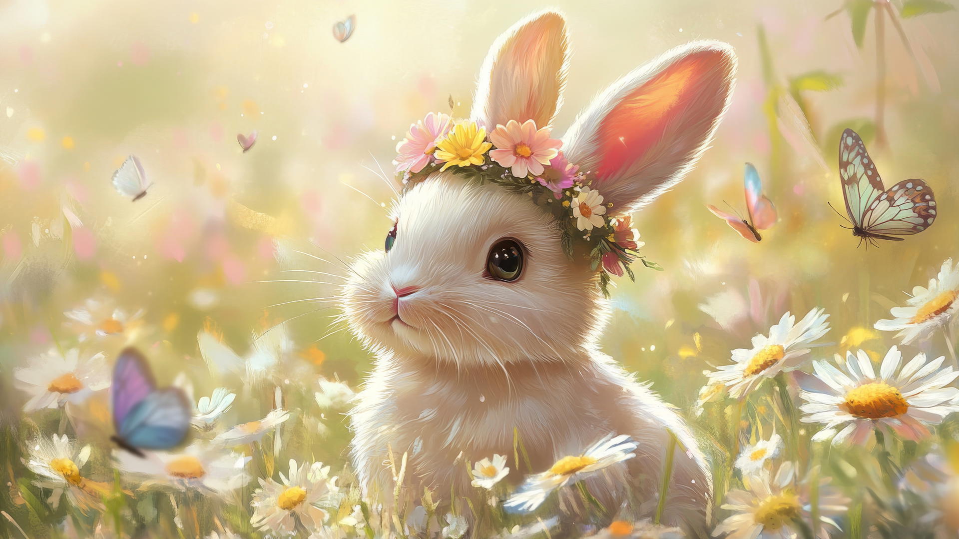 cute spring wallpaper with a baby bunny in a flower crown among daisies and butterflies