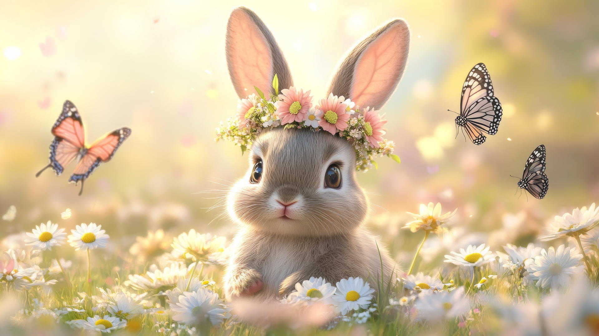 cute spring wallpaper with a baby bunny wearing a flower crown