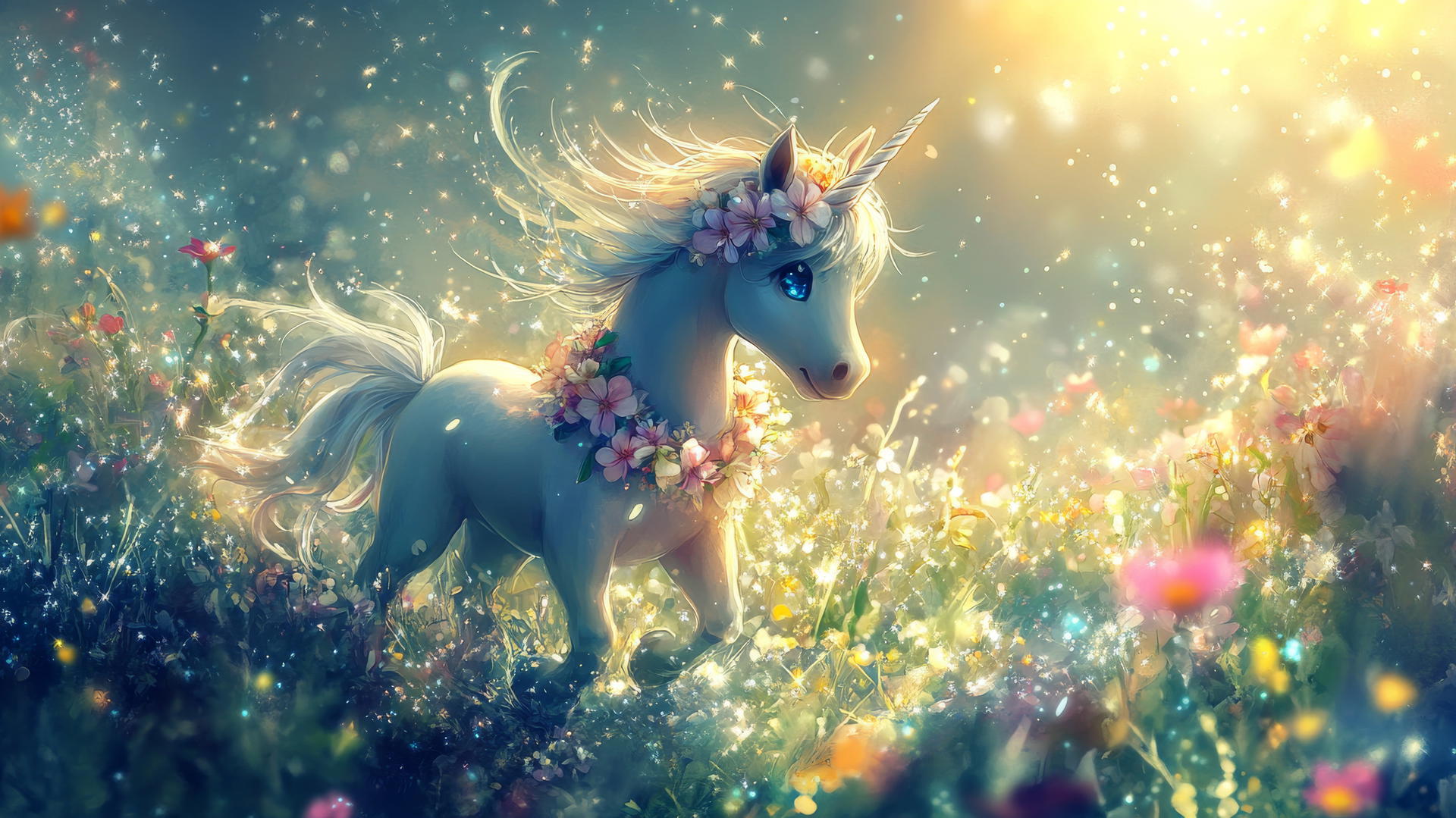 cute spring wallpaper with unicorn and flower garland