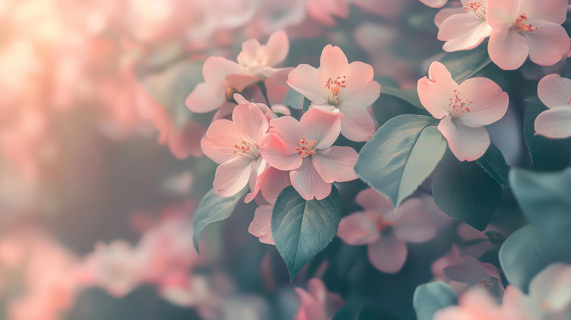 spring aesthetic wallpaper with clusters of pink and white flowers, soft green leaves