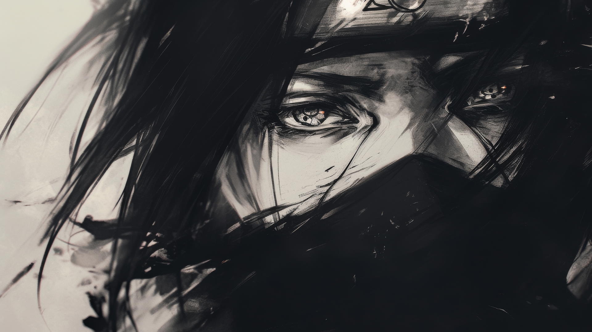 A charcoal Itachi Uchiha drawing with soft shading and moody atmosphere.
