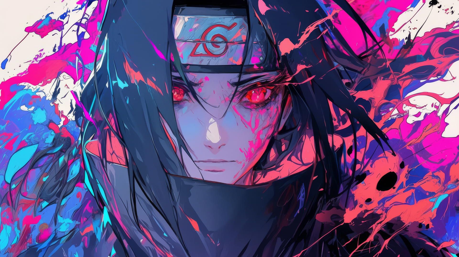 itachi uchiha drawing in vibrant street-art style with graffiti elements