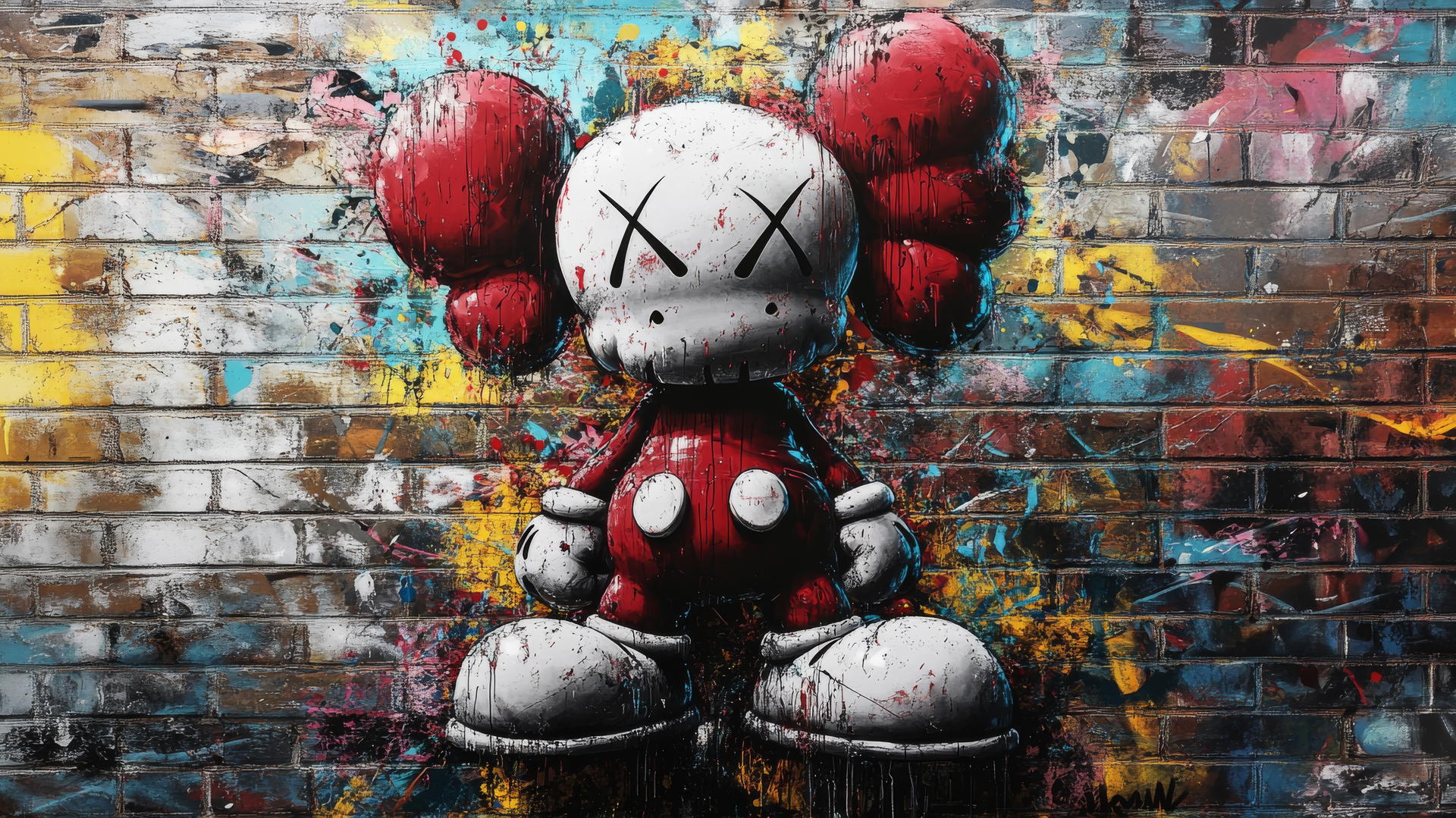 Kaws artwork on graffiti-inspired brick wall with dynamic urban textures