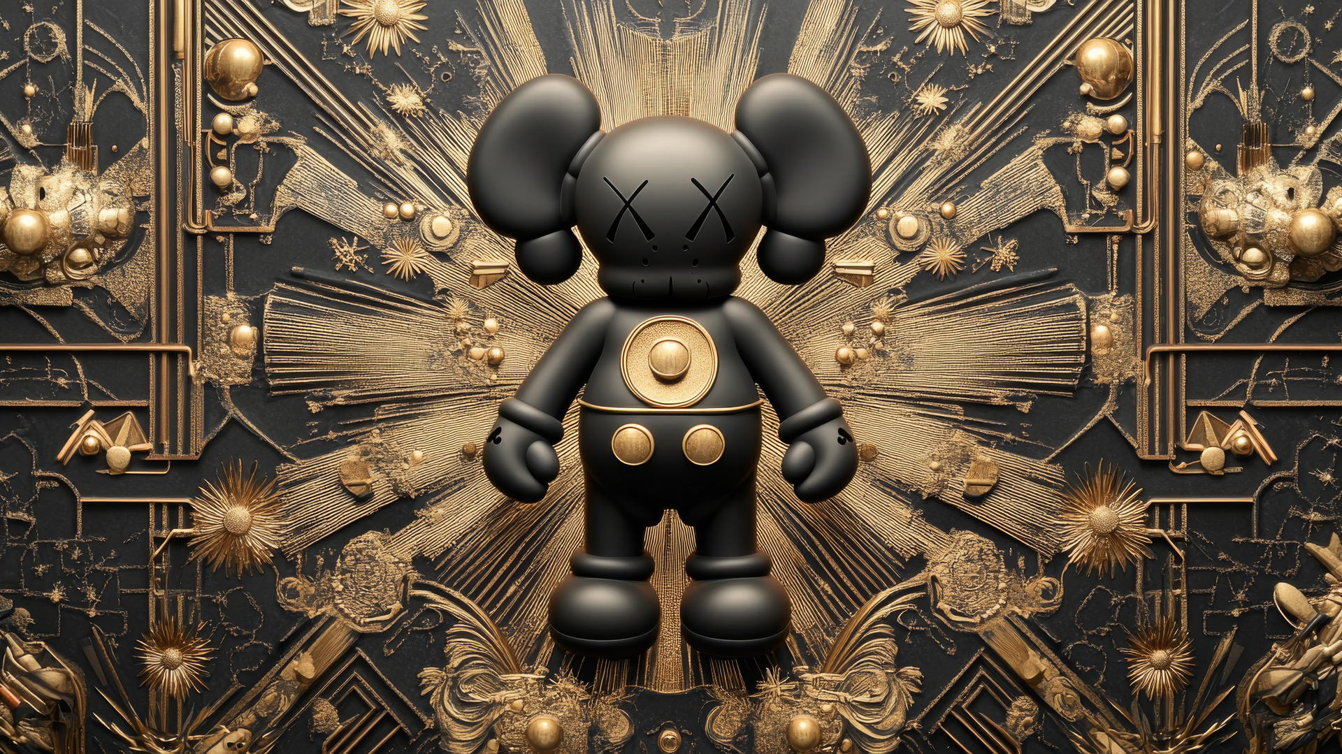 Kaws artwork in 1920s art deco design with geometric shapes and gold accents