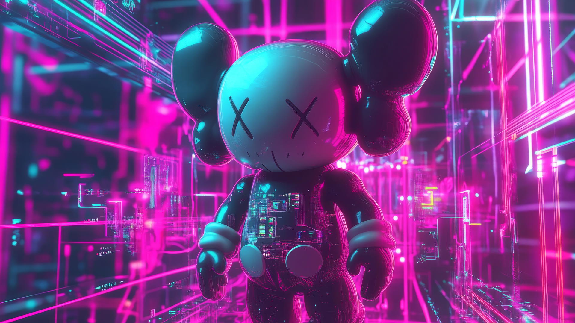 Kaws artwork with Companion character in a holographic interface