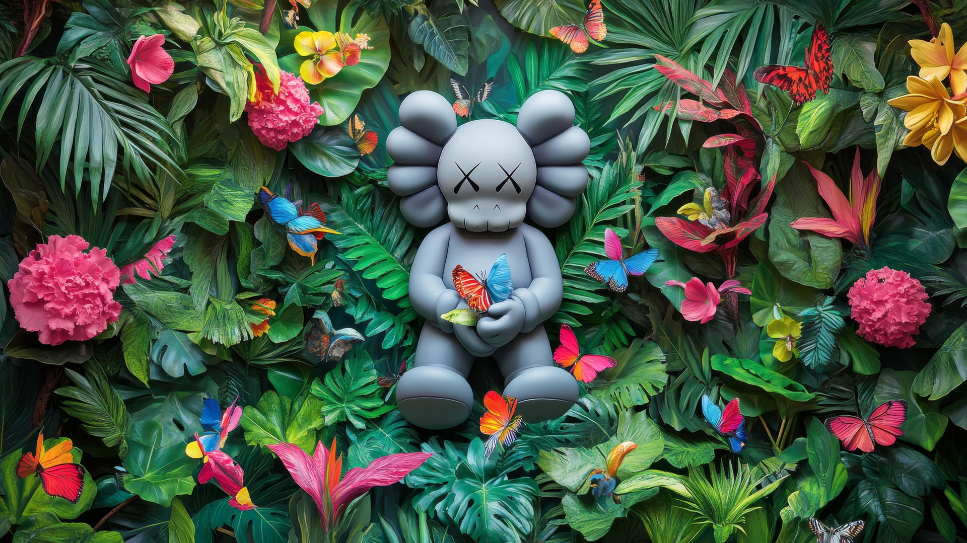 Kaws artwork in a vibrant jungle with Companion surrounded by foliage, flowers, and wildlife