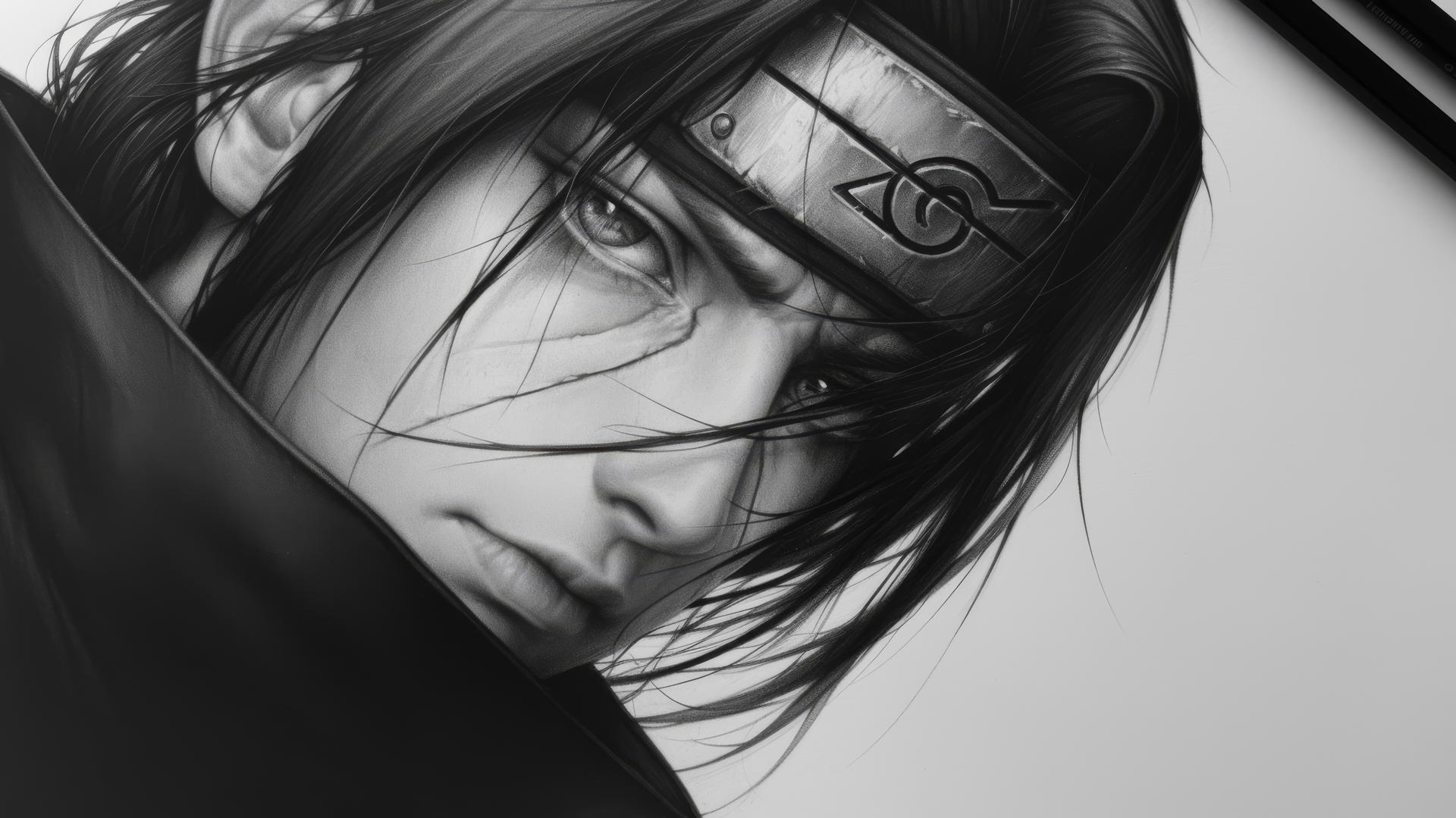 itachi uchiha drawing with lifelike facial features and intricate details.