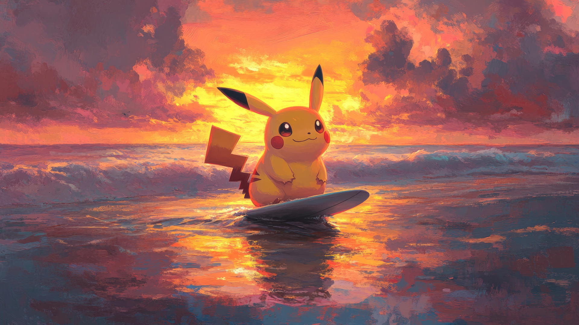 Pikachu surfing on a beach at sunset with glowing skies.