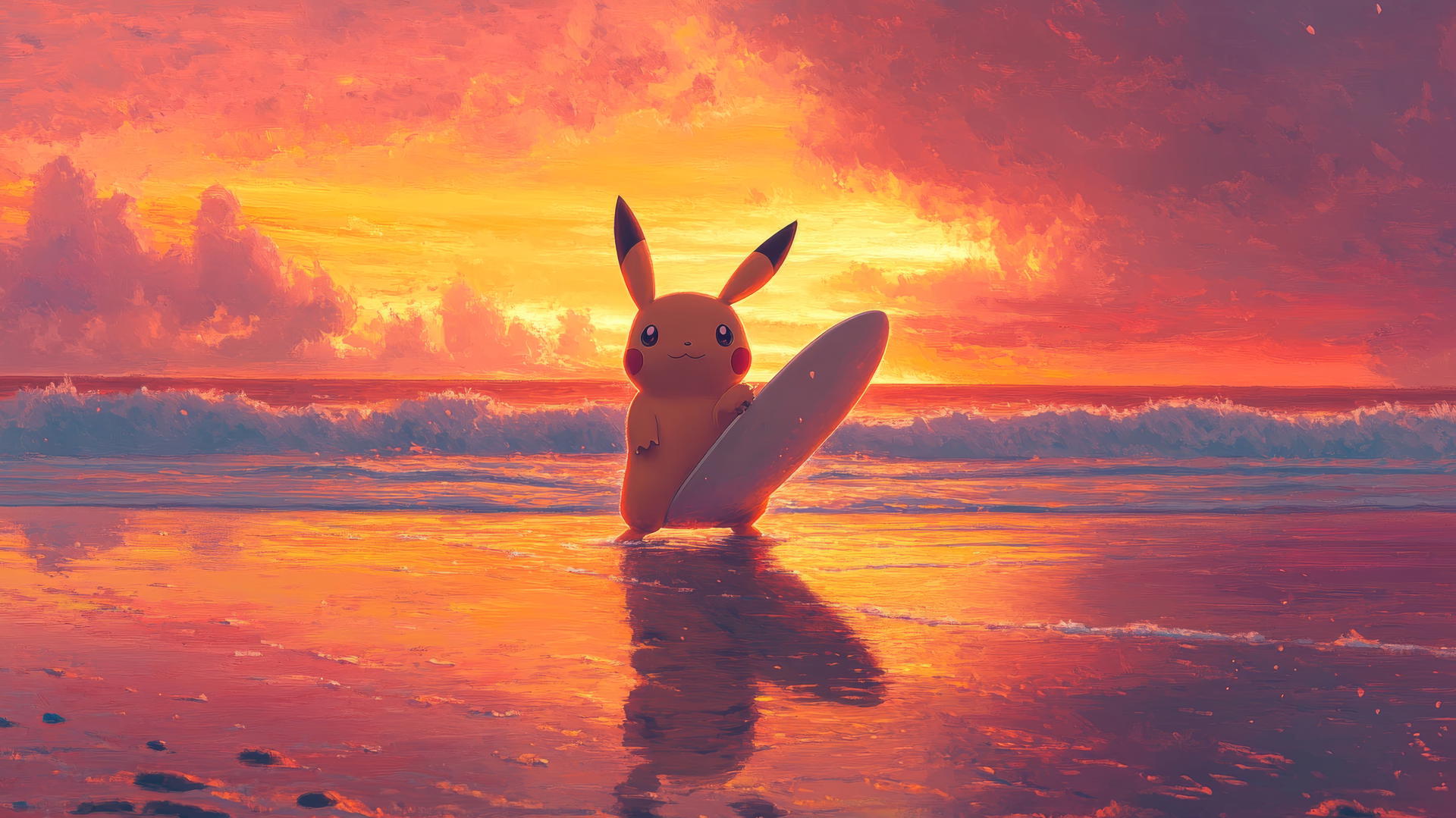 Surfing Pikachu on a beach at sunset with glowing skies