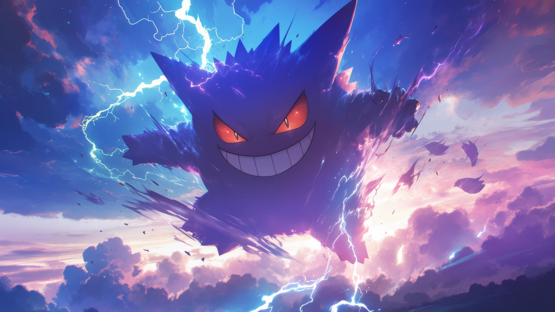 Gengar Pokemon amidst swirling clouds and thunderstorms, commanding the storm.