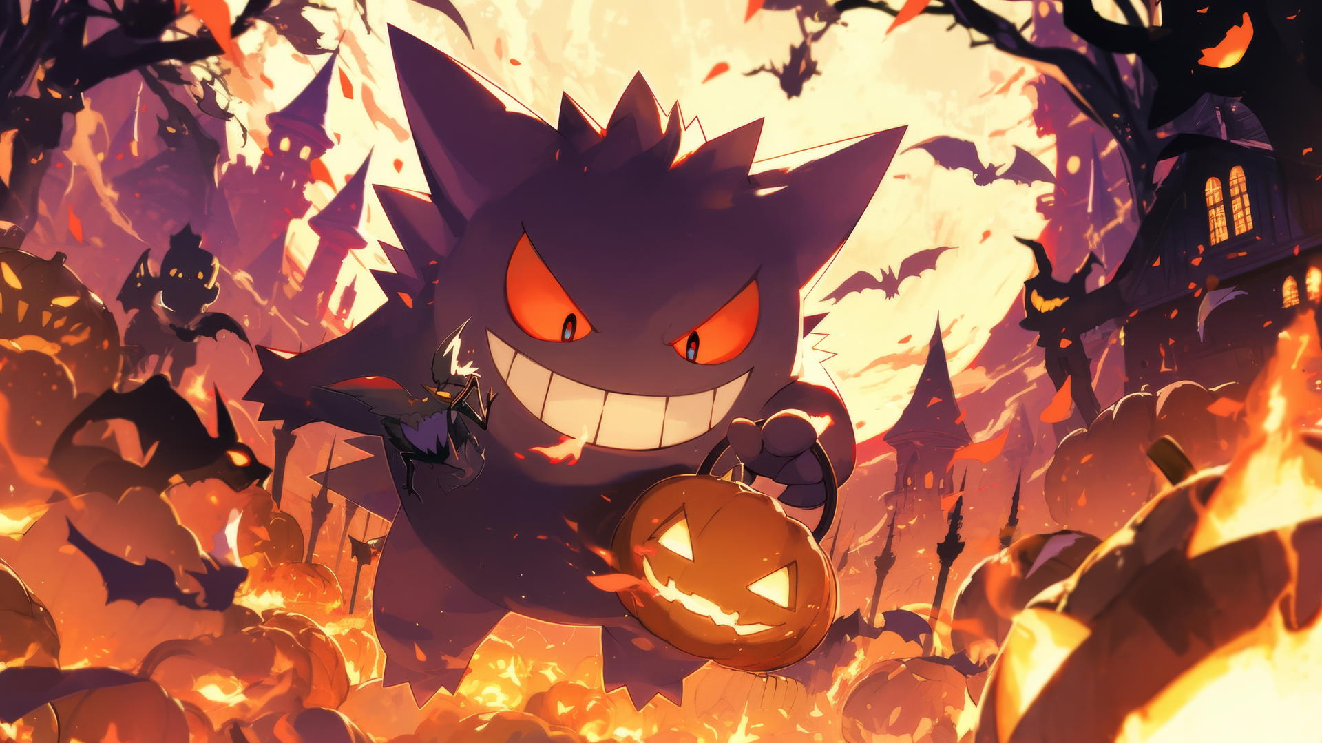 Gengar Pokemon enjoying Halloween festival with pumpkins and decorations