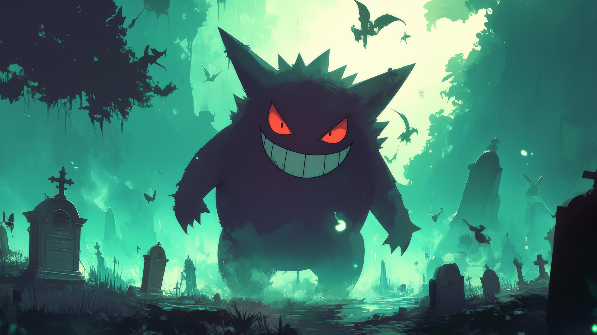 Gengar Pokemon appearing through a foggy graveyard with an eerie green glow.