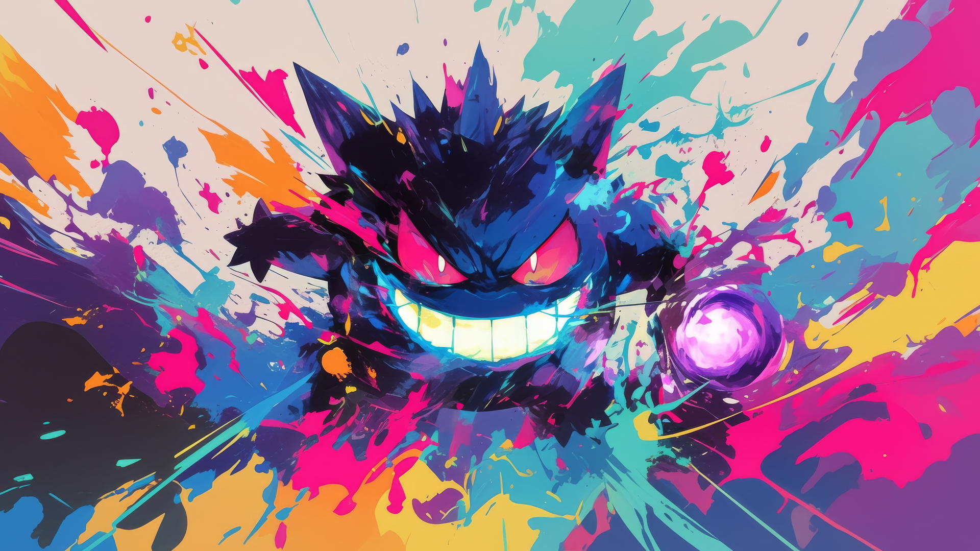 Gengar Pokemon surrounded by colorful paint splashes