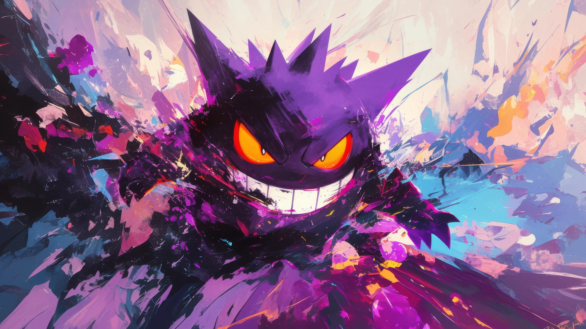 Gengar Pokemon surrounded by colorful paint splashes in abstract art style