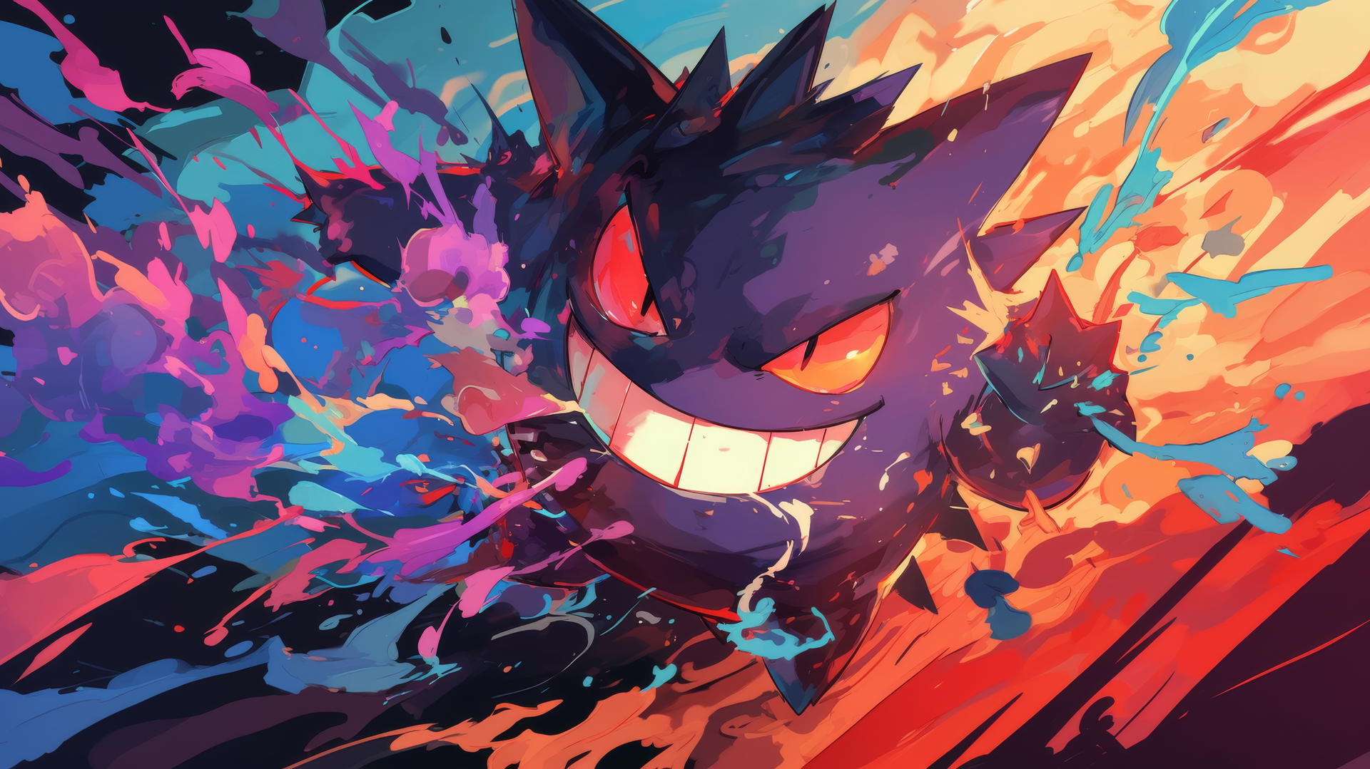 Gengar Pokemon amid colorful paint splashes in abstract art style