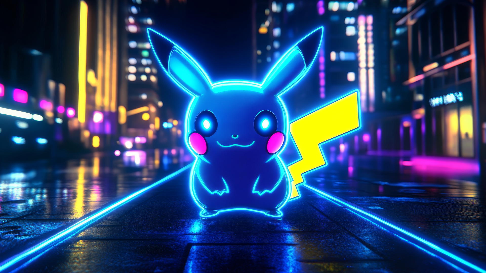 Minimalist Pikachu outlined in electric blue in a neon city