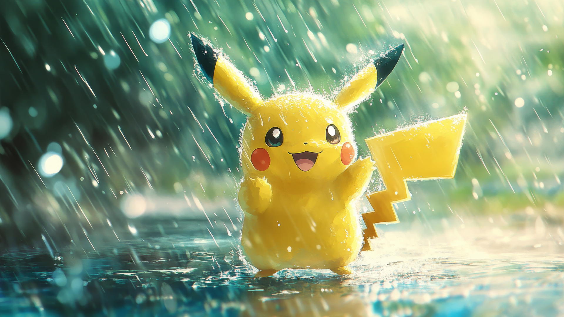 Watercolor Pikachu dancing in the rain with pastel tones