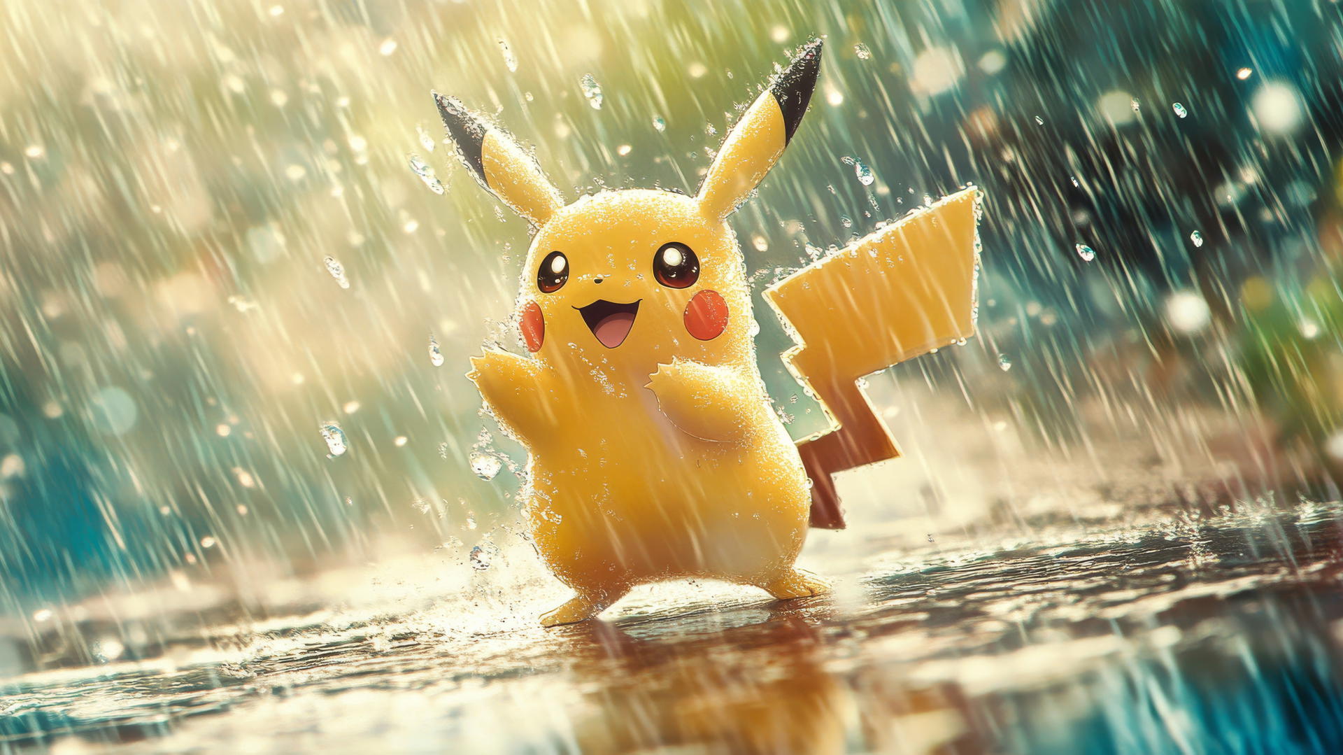 Watercolor Pikachu dancing in the rain with light pastel tones