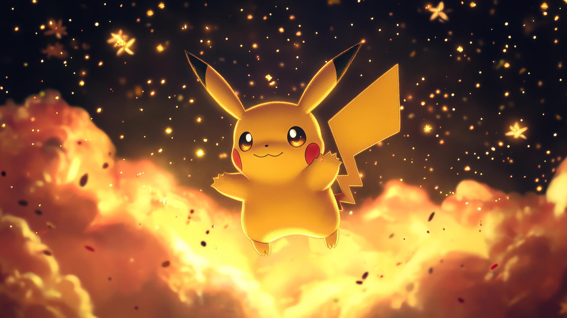 Pikachu as a celestial being floating among glowing clouds with golden stars.